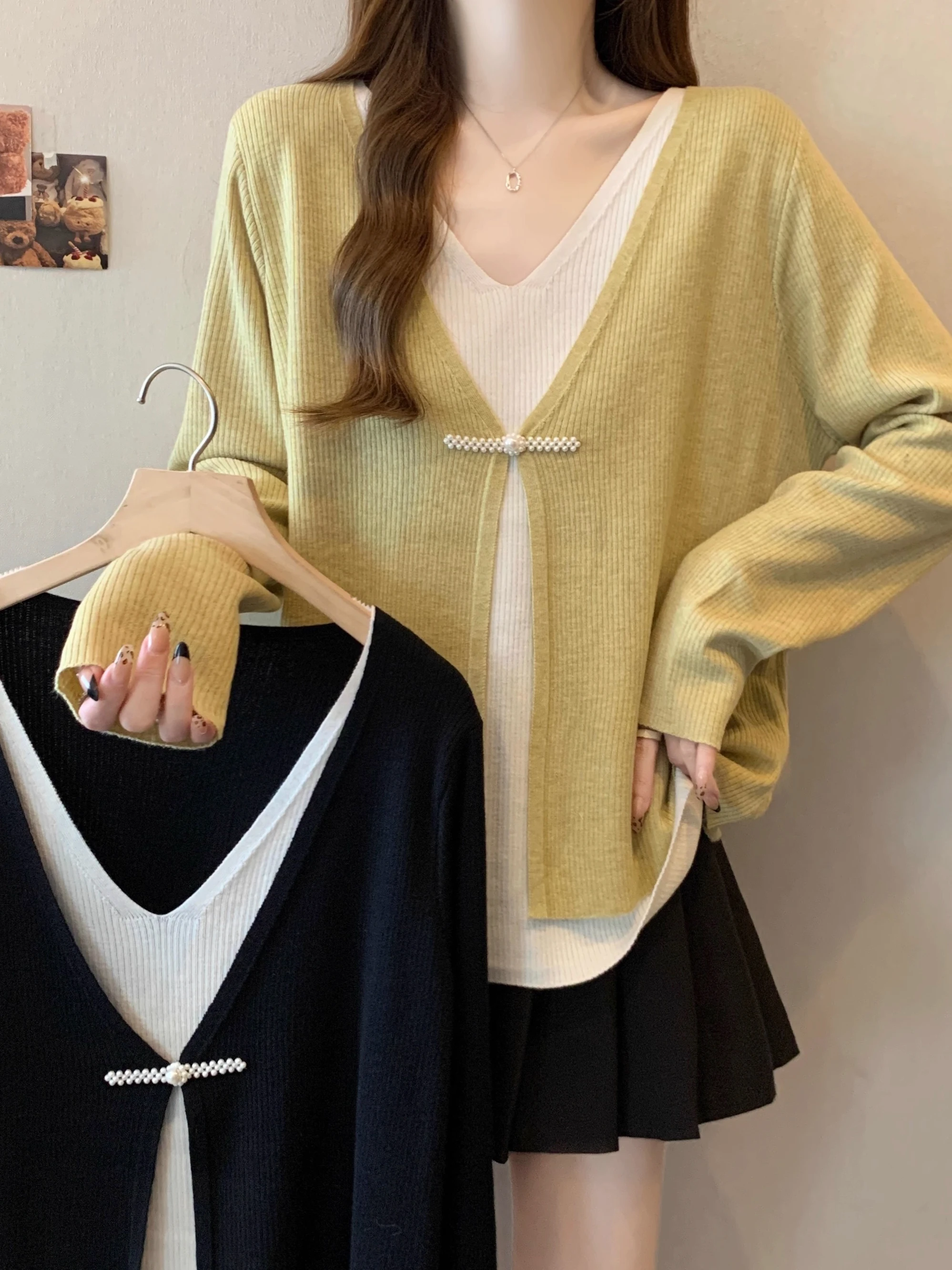 

Женская трикотажная кофта с V-образным вырезом и эффектом похудения, свободного кроя, с длинными рукавами, универсальный топ, аутлет, фабрика №13 в Гуанчжоу