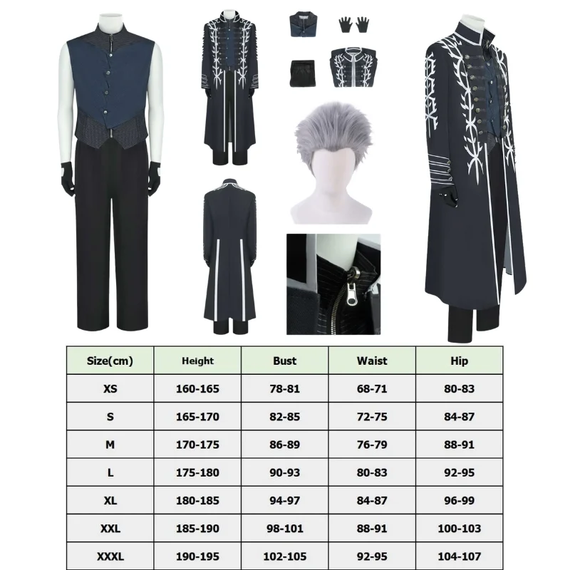

Anime Devil Vergil Black Outfit Cosplay Costume Halloween Hunter Silver Wig Fancy suit
