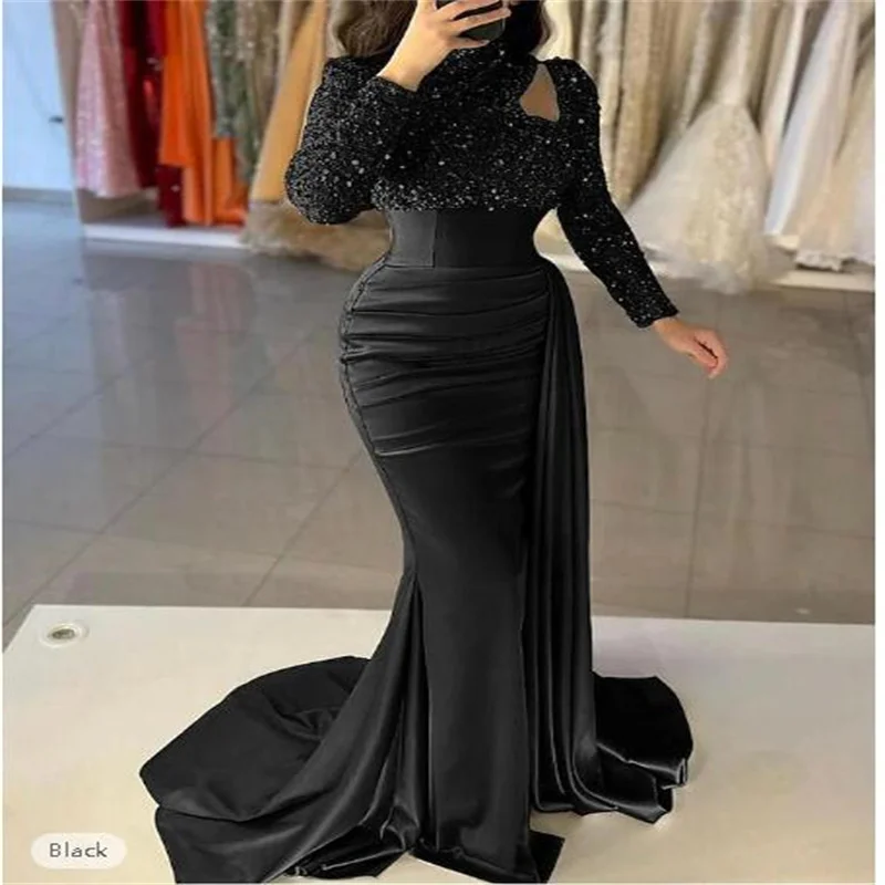 Mermaid / Trumpet Evening Gown Sliver Elegant Dress Formal Sweep Train Long Sleeve High Neck Satin with Pearls Sequin 2024