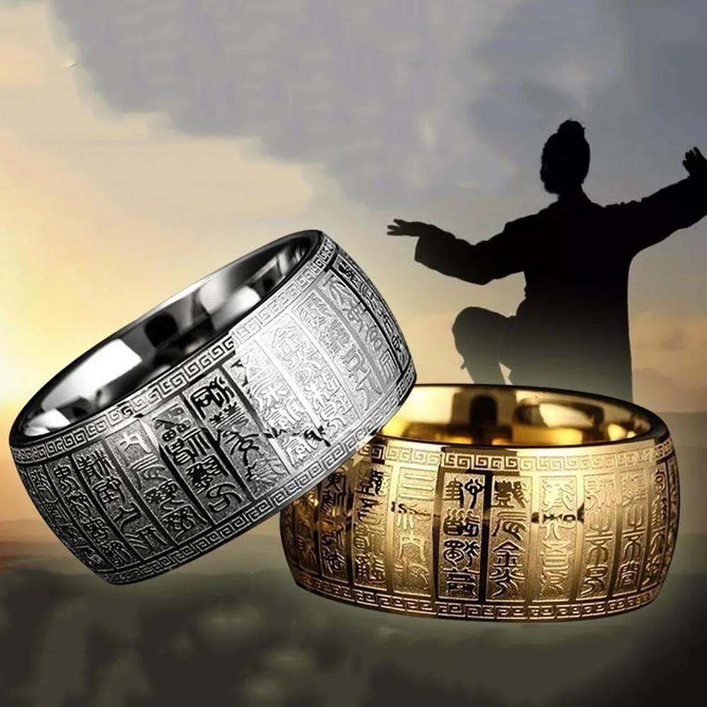 Men\'s Wide Supernatural Thumb Signet Ring Carved Ancient Chinese Buddha Scripture Rings For Men Solomon Taoism Metallica Ring
