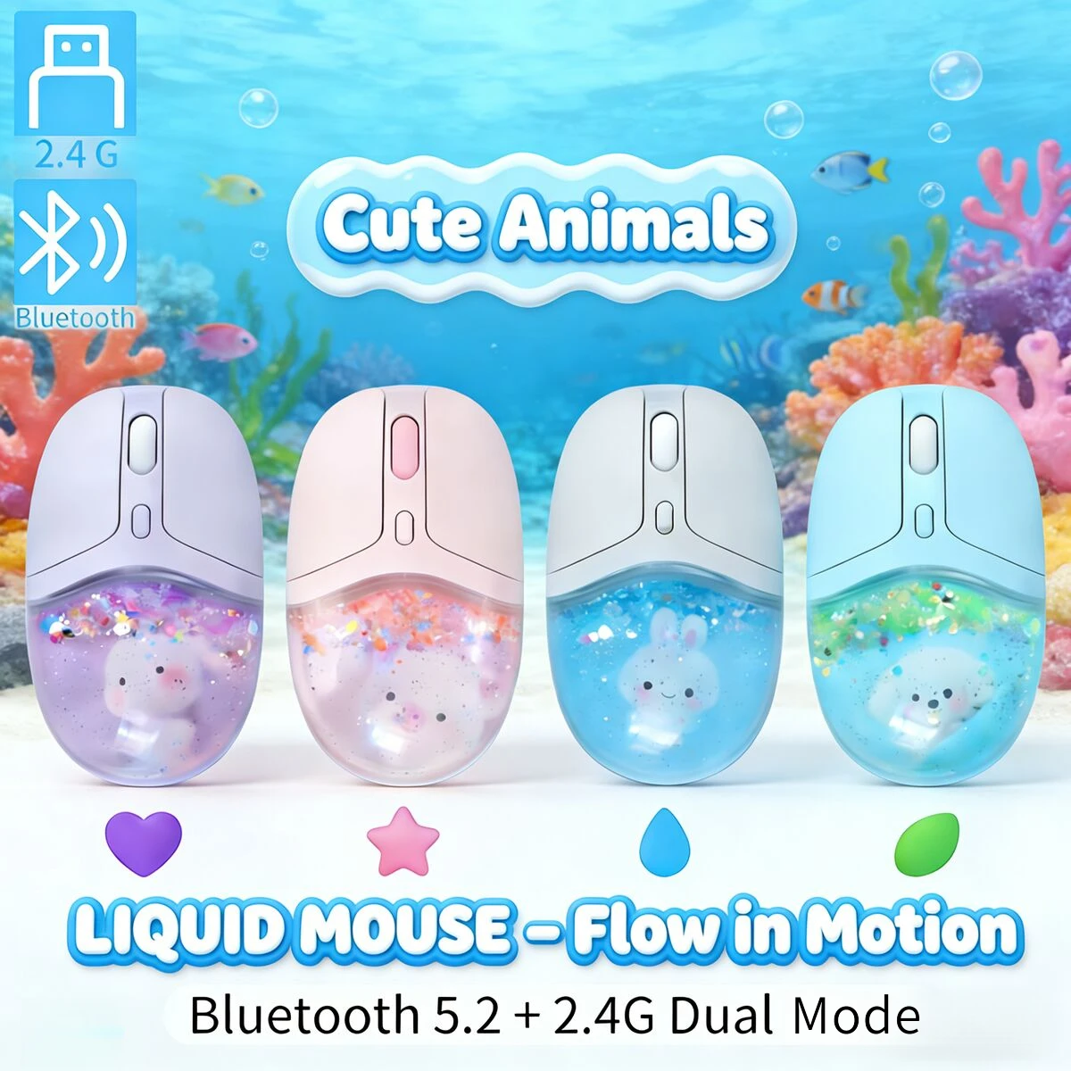 

Rechargeable Cute Animal Liquid Mouse Wireless Bluetooth Dual-Mode RGB Dynamic Light Ergonomic Mice For Windows Mac IOS Android