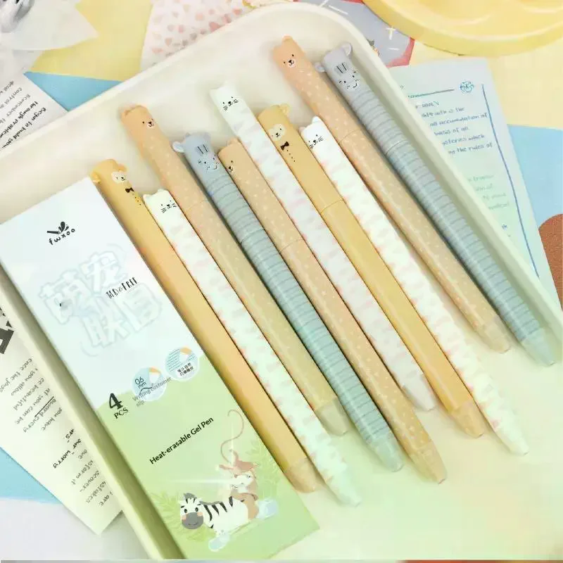 

4 шт., 0,5 мм, вращающиеся гелевые ручки с синими чернилами, стираемые ручки с милыми мультяшными животными для детей, школьников, канцелярские принадлежности