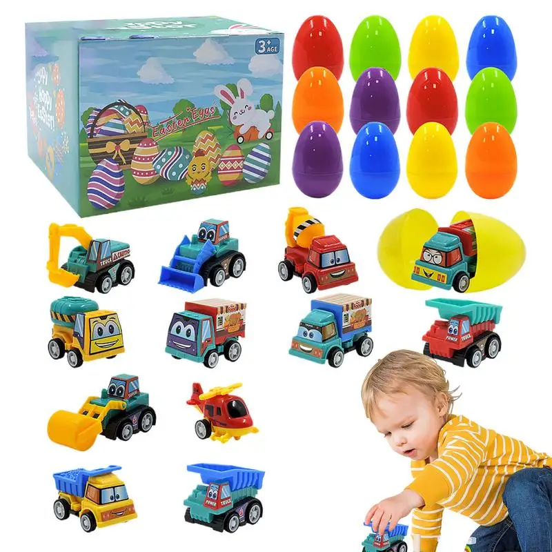 Filled Easter Eggs with Toys Toddler Easter Eggs Hunt Toddler Pull Back Construction Vehicle Cartoon Car for Kids Aged 3-8 Years