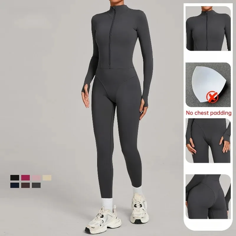 

Women's Yoga Jumpsuits Sports Fitness Winter Fleece Long-Sleeved Half-Zipper One-Piece Outdoor Running Workout Gym Bodysuits
