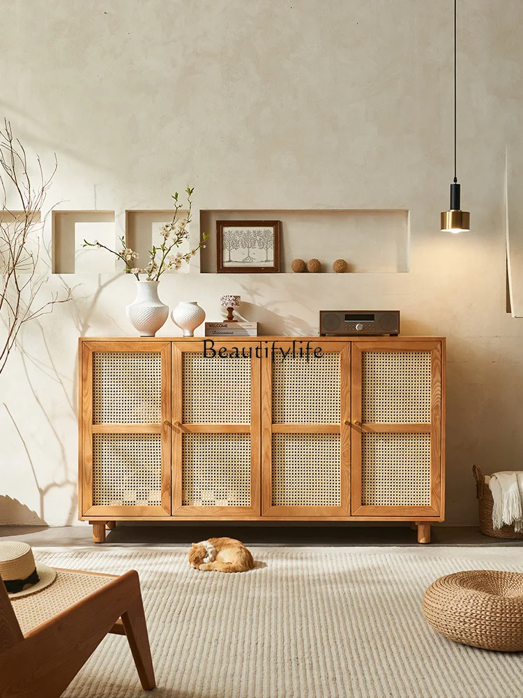 Solid Wood Storage Rattan Multi-Functional Storage Cabinet Household Small Apartment White Wax Simple Sideboard Cabinet