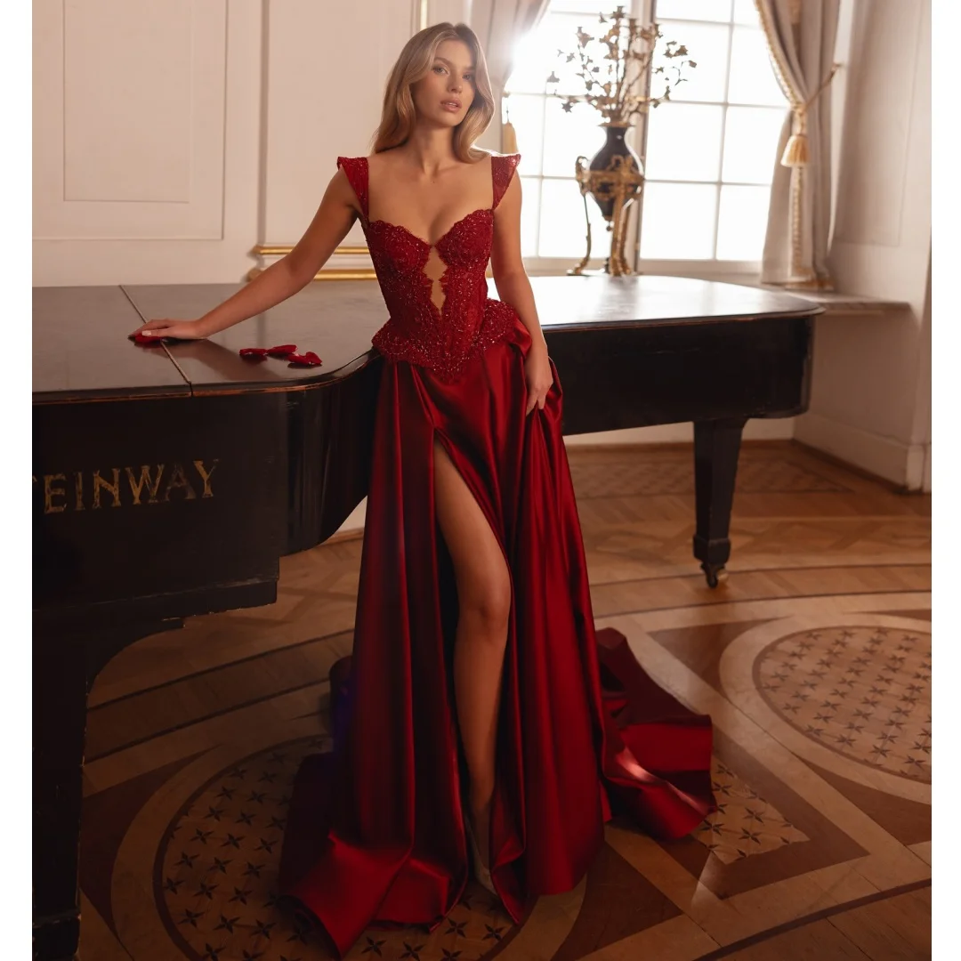 

Red Slit Evening Dresses Lace Corset Satin Prom Dress Sweep Train Sequined Party Gown Gala Vestidos Customized