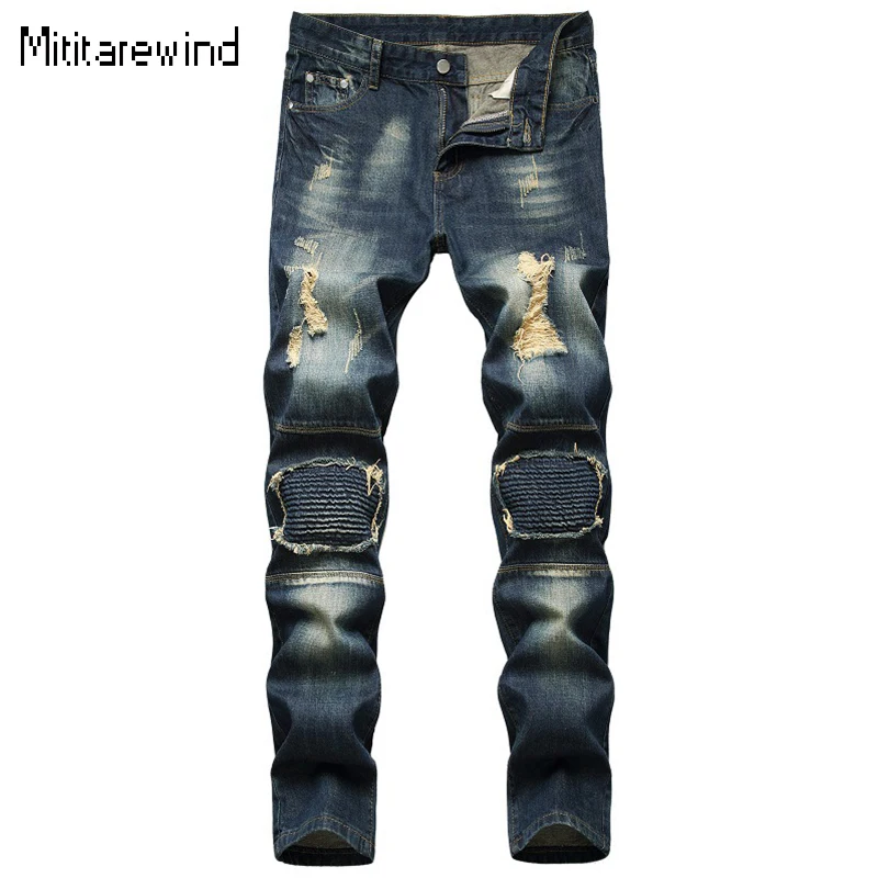 

American Men Jeans High Street Personality Retro Ripped Jeans Cotton Mid-waist Pleated Design Straight Jeans Trendy Youth Pants