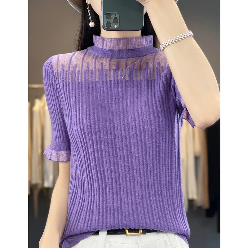 Cashmere Sweater Half sleeve Women Summer  2023  Cashmere Short sleeve Tops Women Lace Cashmere Pullovers Female