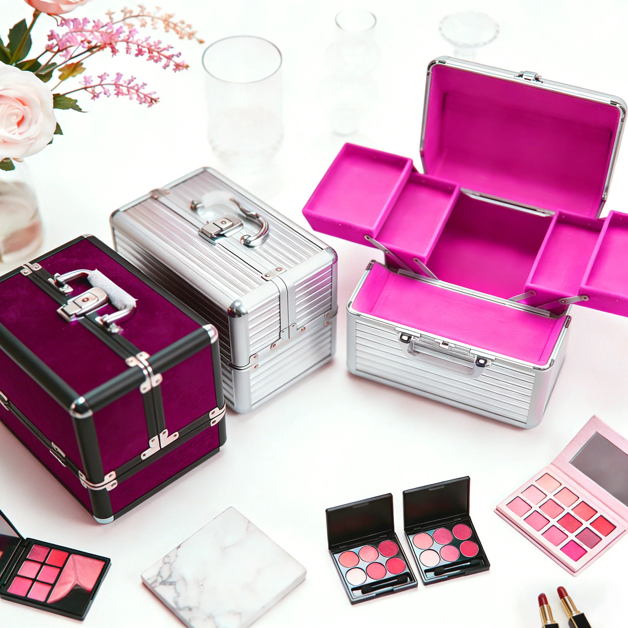 حقيبة قطار المكياج سعة كبيرة قابلة للتعديل 4 صواني منزلقة منظم تخزين مستحضرات التجميل لمستحضرات التجميل والمجوهرات والأظافر #1