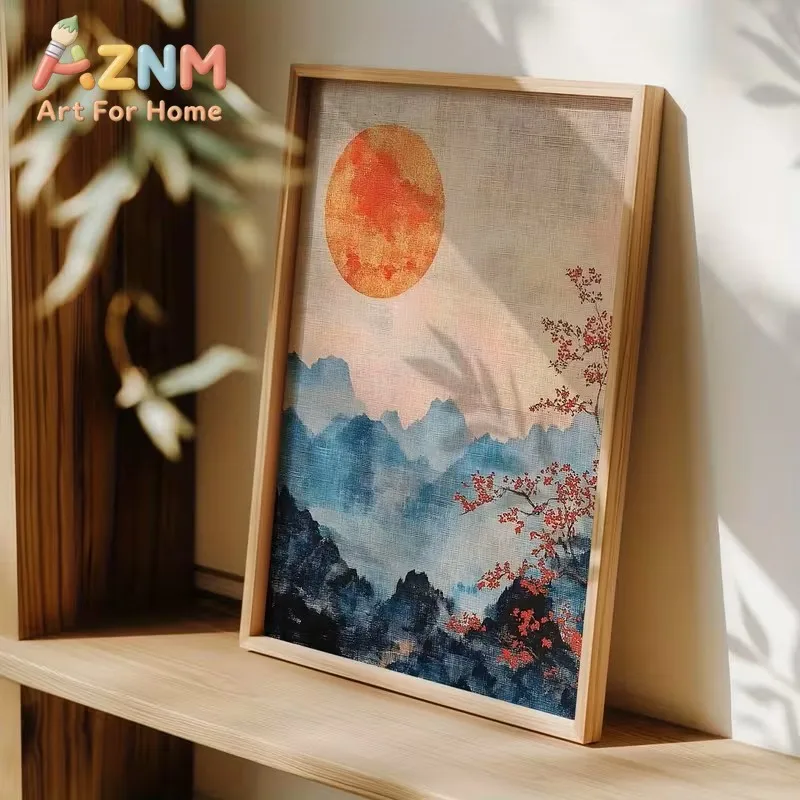 Retro Japanese Landscape Red Sun Hazy Blue Canvas Poster Living Room Decoration Bedroom Aesthetic Design Home Decoration