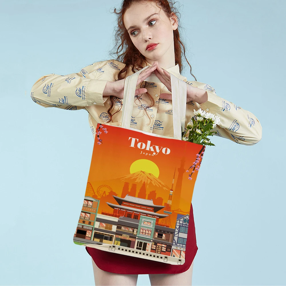 Cartoon City Travel Landscape Art Shopper Bags Tote Lady Handbag Both Sides Spain Singapore Casual Canvas Women Shopping Bag