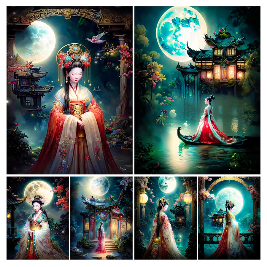 Diy 5D Mosaic Arts Ancient Chinese Pavilion Woman Diamond Painting Moon Night Scenery Full Rhinestone Embroidery Picture JX0010