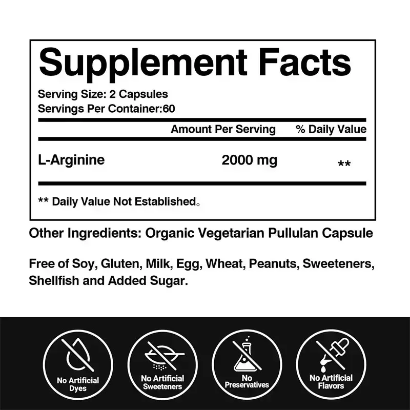 L-Arginine Capsules - Helps Increase Endurance, Protein Synthesis,Promotes Faster Muscle Growth, Abs