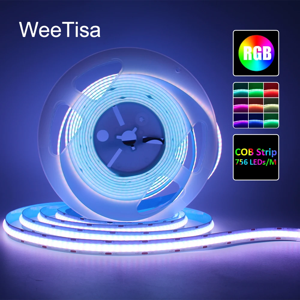 

RGB COB LED Strip 12V High Density 756 LEDs Flexible Tape Ribbon Lights 1M 2M 3M 4M 5M Linear Cuttable Lamp Decoration for Room