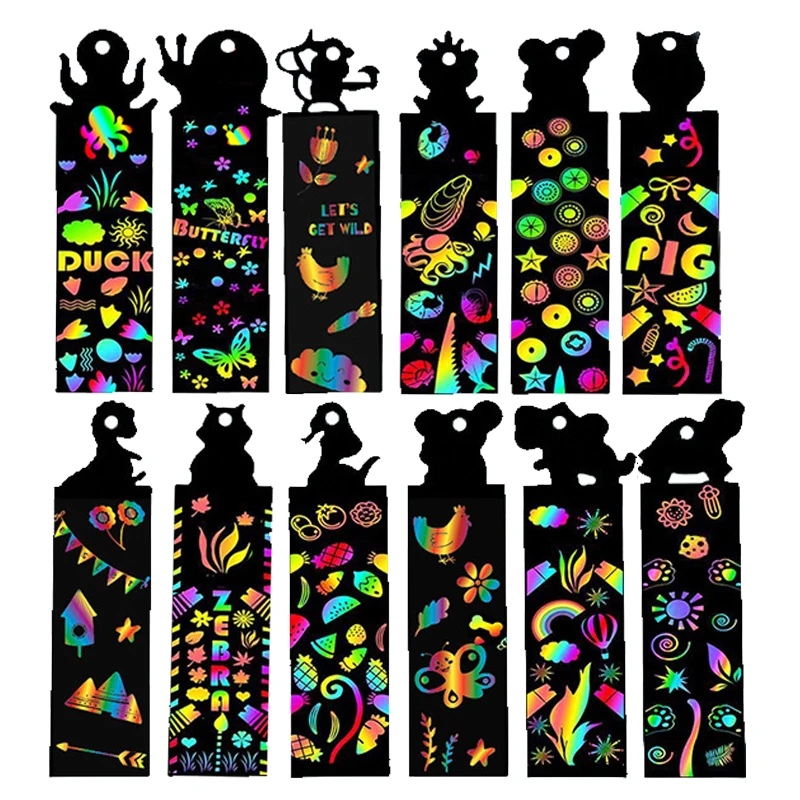12pcs Magic Scratching Bookmarks with Ropes Hangable Children Creative Drawing Toys Graffiti colour Handmade DIY Art TMZ