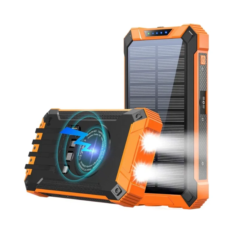 Portable Solar Power Bank 20000mAh Camping Essential Solar Power Bank Wireless Charge Built-in Cables for All Electronic Devices