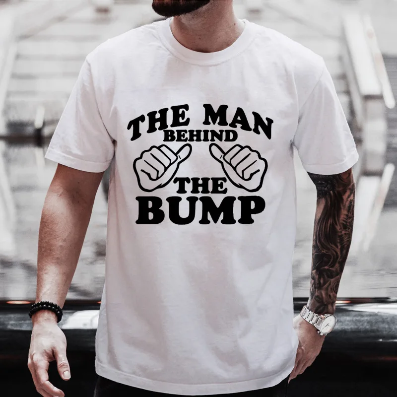 Men Short Sleeve Tshirt The Man Behind The Bump Slogan Hand Print Crew Neck Tees Soft Summer Tops Expecting Father Daily Shirts