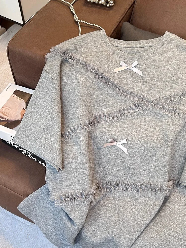 Heavy Stickerei Lace Knot ort Sve T-Shirt ex Sommer Vintage Casual Vielseitiges Oulder Level Top