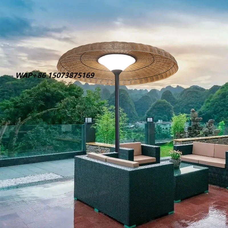 Outdoor Waterproof Sunshade Umbrella Floor Lamp with Stainless Steel Base and PE Rattan Weave for Patio and Garden