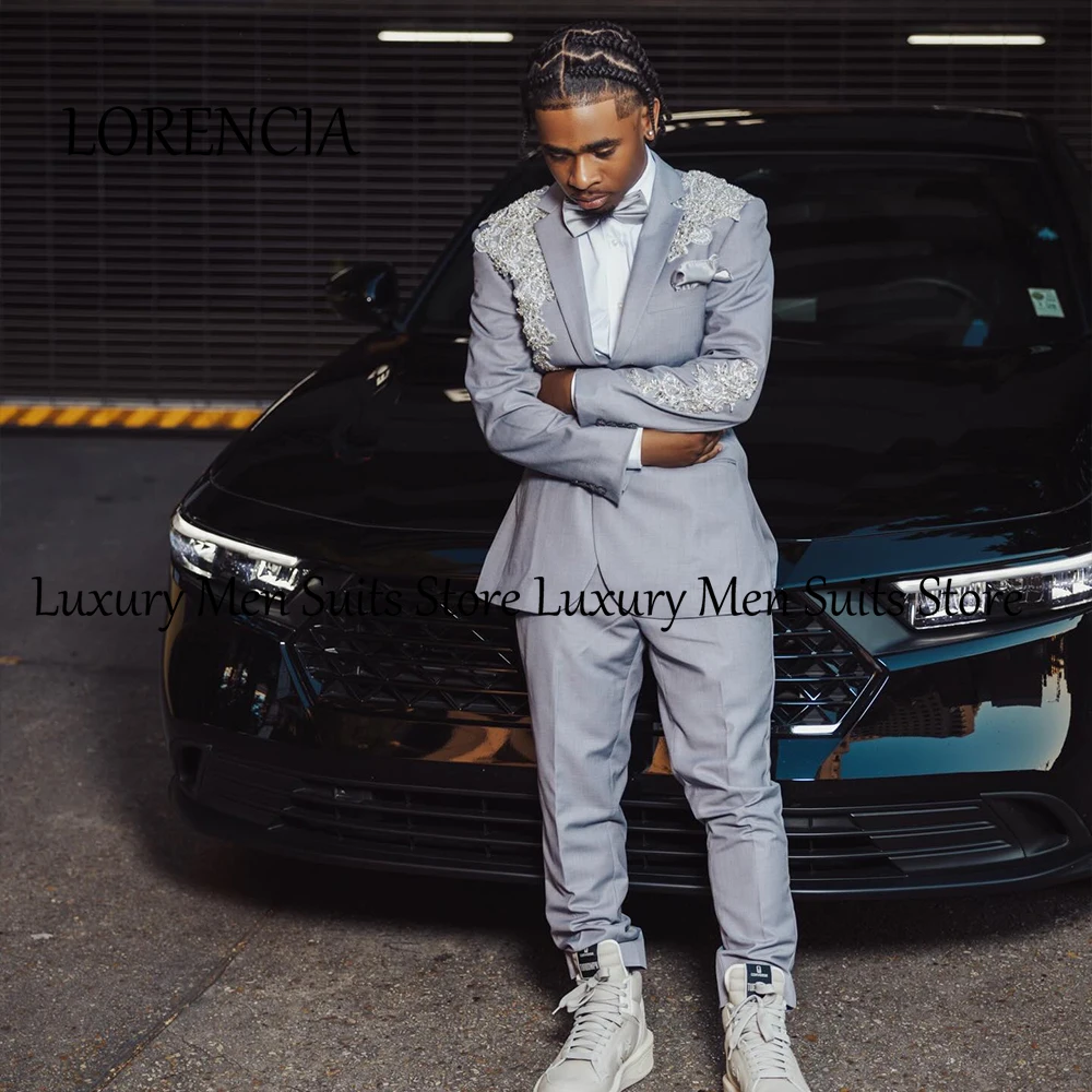 

Leisure Crystal Applique Male Suits 2 Pieces Wedding Texudos Single Breasted Groom Jacket Customized Blazer Pants ropa hombre