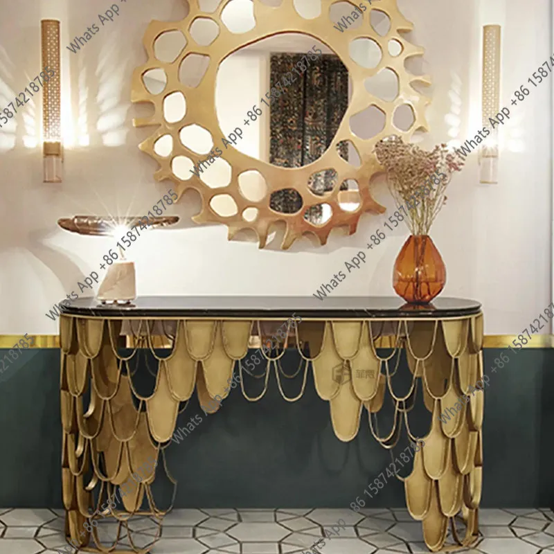 Italian light luxury high-end entrance table, villa luxury designer style, artistic entrance hall, fish scale entrance platform