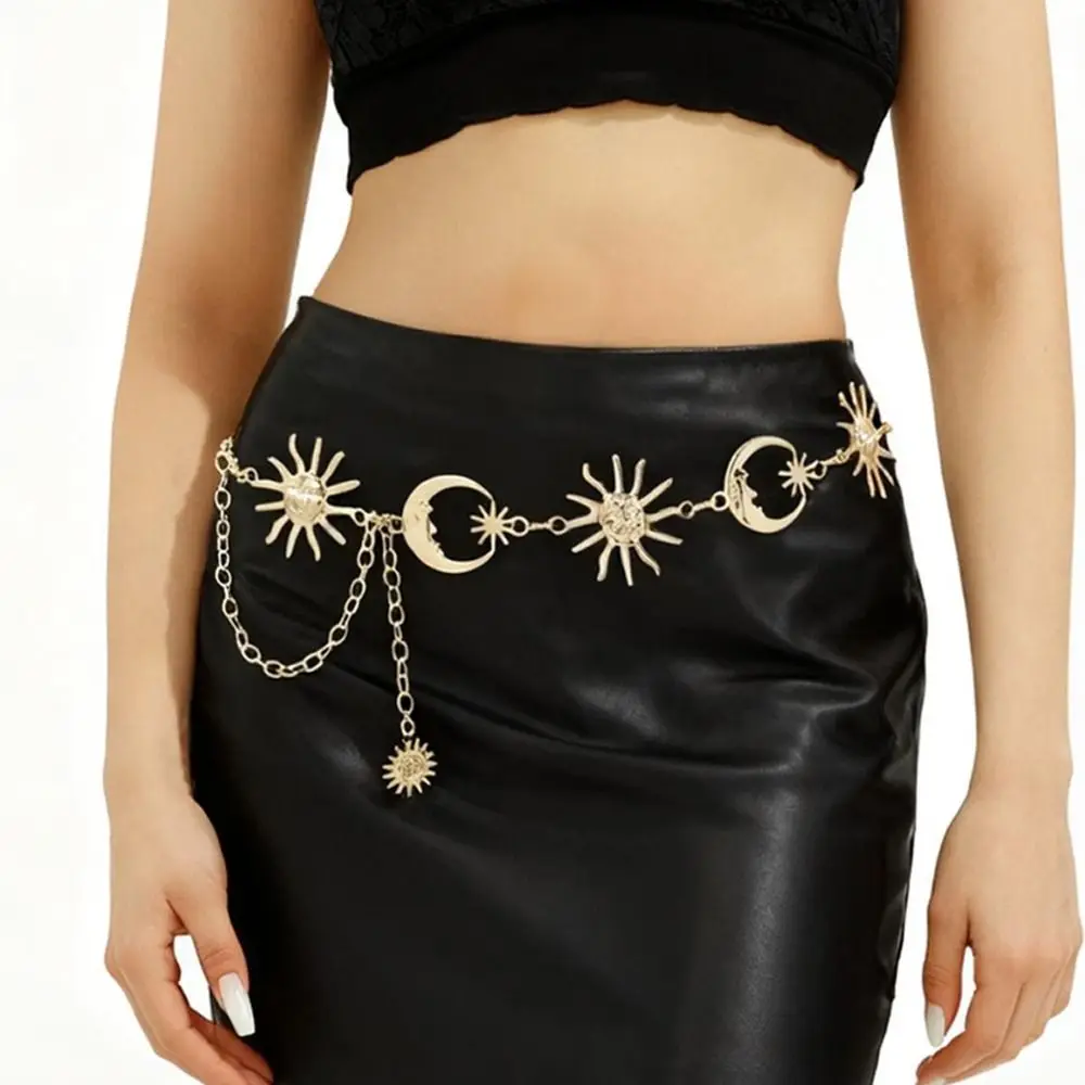 Vintage Sunflower Waist Chain Golden Silvery All-match Metal Waist Chain Sun Moon Star Chain Belt