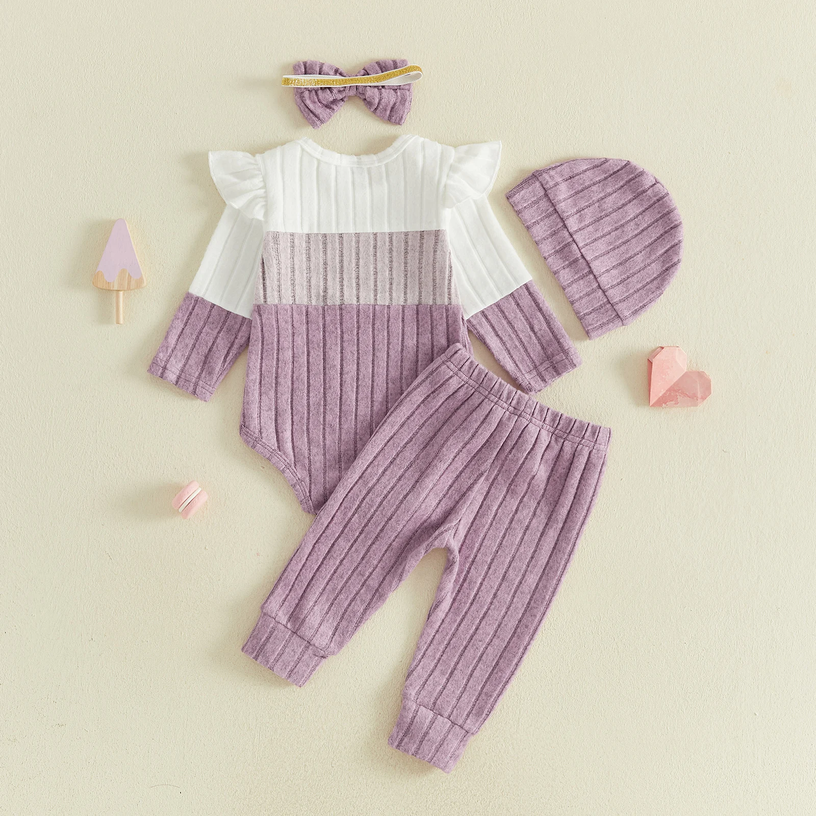 Baby Girl Fall Outfits Contrast Color Long Sleeve Romper Pants Headband Hat Baby Patchwork Autumn Clothes Set