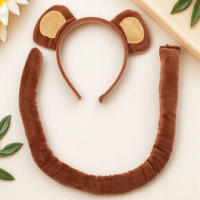 Amosfun Fascia per orecchie da scimmia con coda Accessorio per cosplay per costume da festa per animali Marrone