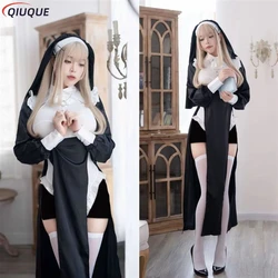 Nun Cosplay Costume Wig Women Fancy Dress Halloween Party Roleplay Outfit Adult Black Uniforms
