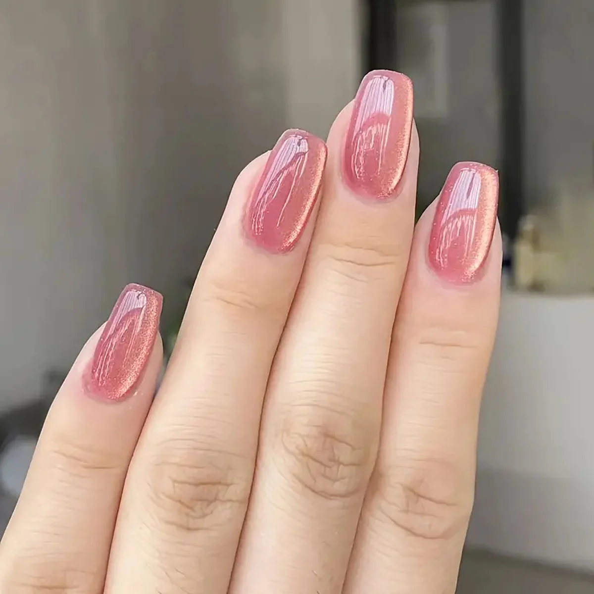 24 Stück Mintblau, glänzend, Katzenauge, künstliche Nägel, Satin, hellrosa/blau, kurz, quadratisch, Katzenauge, zum Aufdrücken der Nägel, vollständige Abdeckung, Fasle Nails