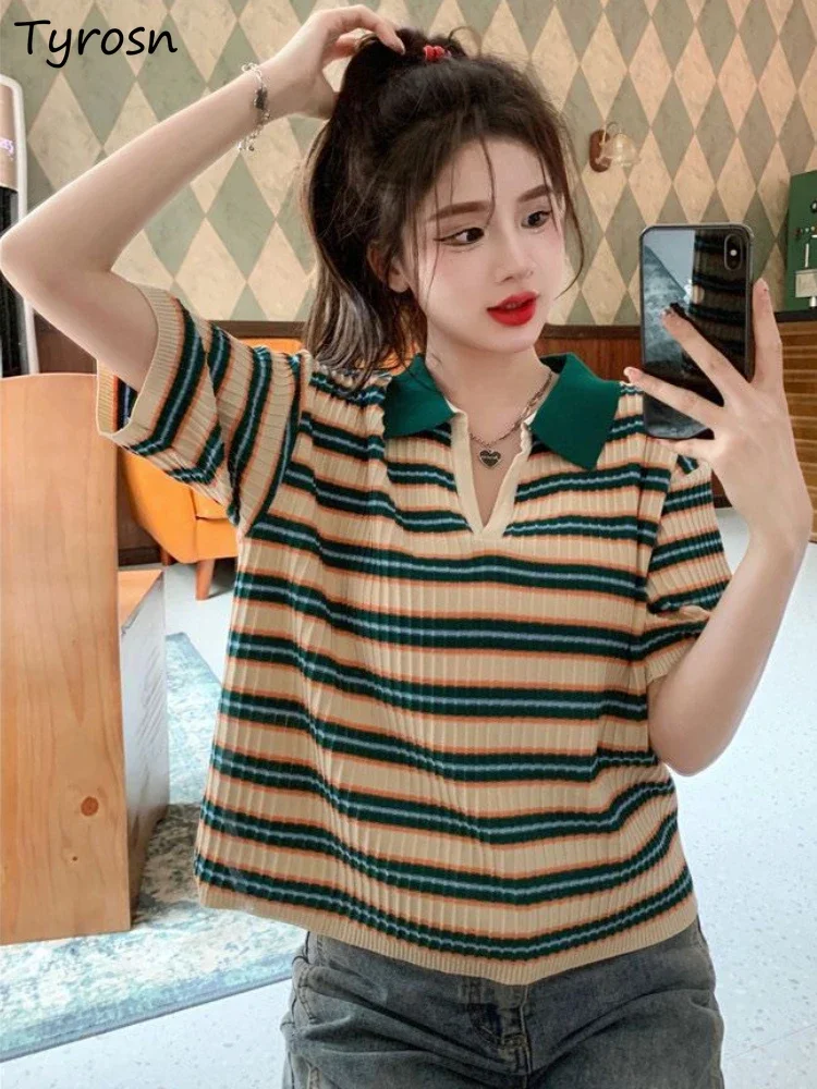 M-4XL T-shirts Women Leisure Campus Simple Elegant Striped Classic Style Ulzzang Attractive Loose Trendy Daily Turn-down Collar