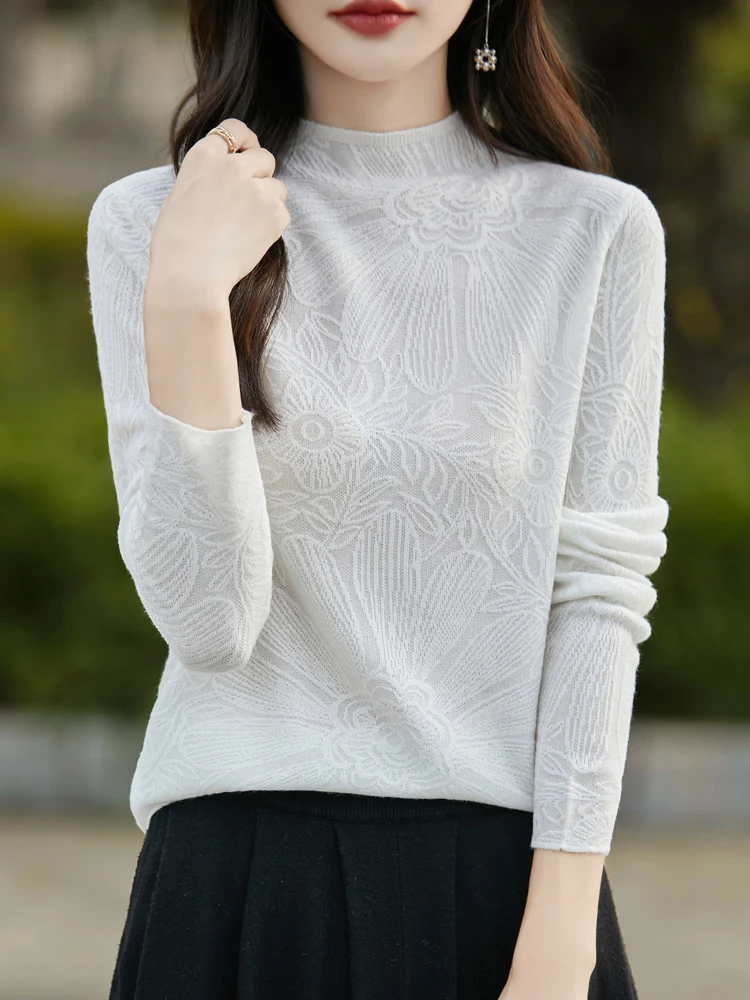 Women Fall Winter Merino Wool Sweater Half High Collar Pullovers Long Sleeve Knitted Outerwear Worsted Wool Carving Flowers Tops