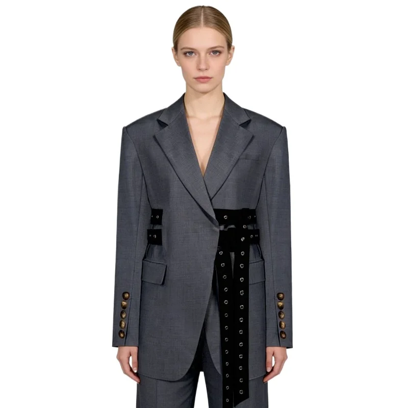 

Серый блейзер оверсайз с декоративным поясом-шнуровкой, современный деконструированный блейзер для женщин, модная офисная одежда и стиль для уличной моды