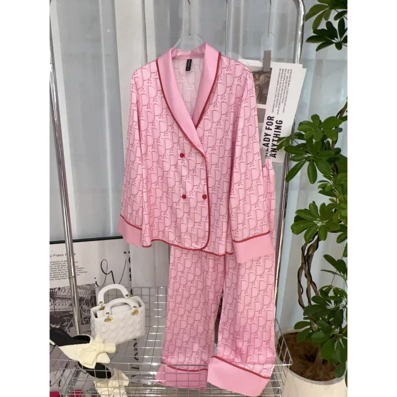 Fashionable High Quality Pink Letter Herringbone Ice Silk Women\'s Pajamas Comfortable Soft Satin Texture Thin Pyjamas Sets