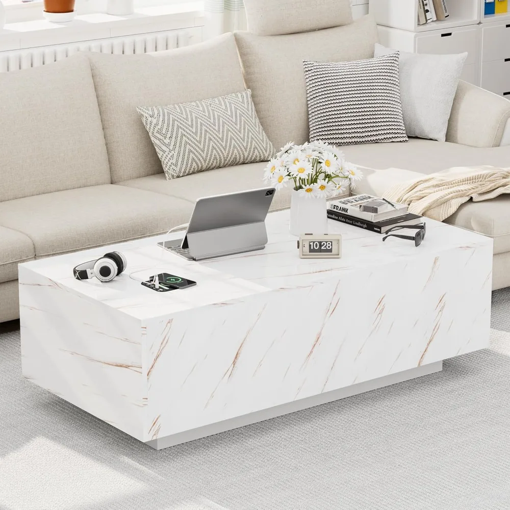 

47" Modern LED Coffee Table with Drawers, High Glossy Double-Layer Center Table with Wireless Charging and Built-in, Customized