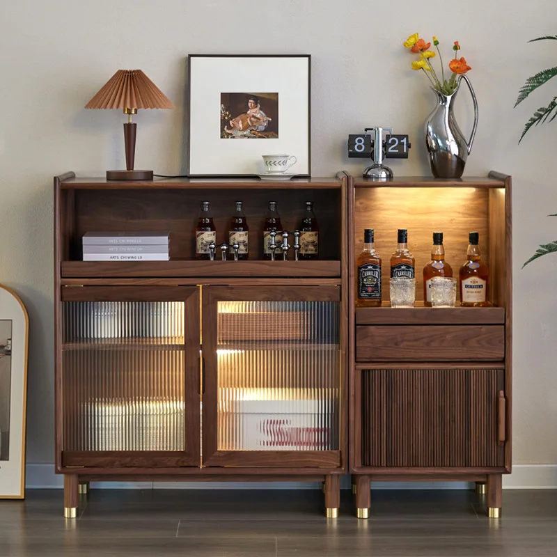 Black walnut living room display cabinet modern simple solid wood glass sliding door dining side cabinet dining room storage