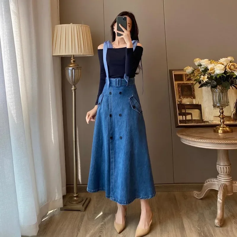 

Woman Denim Skirt with Pocket Long Maxi Suspenders Jeans Skirts for Women Chubby High Quality Cheap Korean Fashion A Line V Y2k