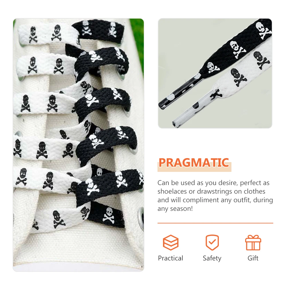

Flat Shoelaces 2 Pair Skull Pattern Laces for Sneakers Trainers Accessories Black White Thick Rope Shoe Ties Gothic Style