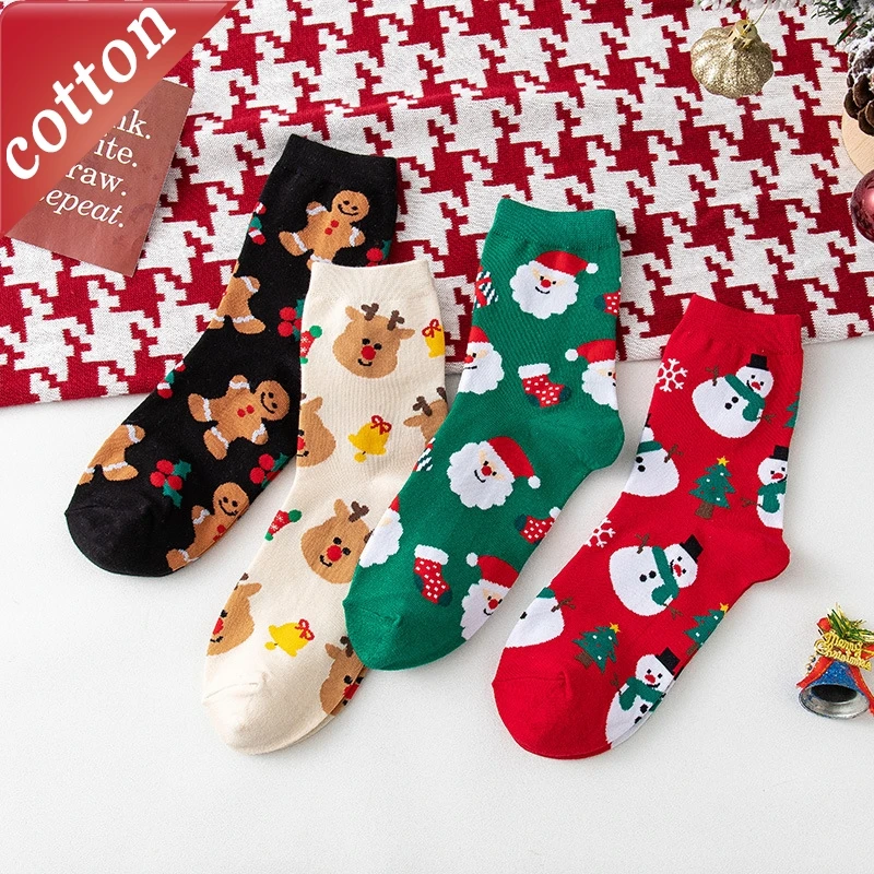 

4 Pairs Women's Socks Set Christmas Outfit Winter Soft High-quality Cotton Socks Cartoon Kawaii Funny Versatile Mid Tube Socks