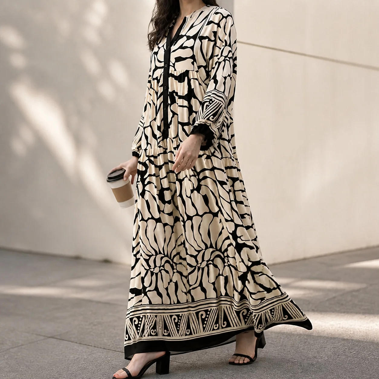 V Neck Printed Dress Umbrella Silhouette Japanese Korean Casual with Sequin Embellishment Party Loose Fit Daily for Women
