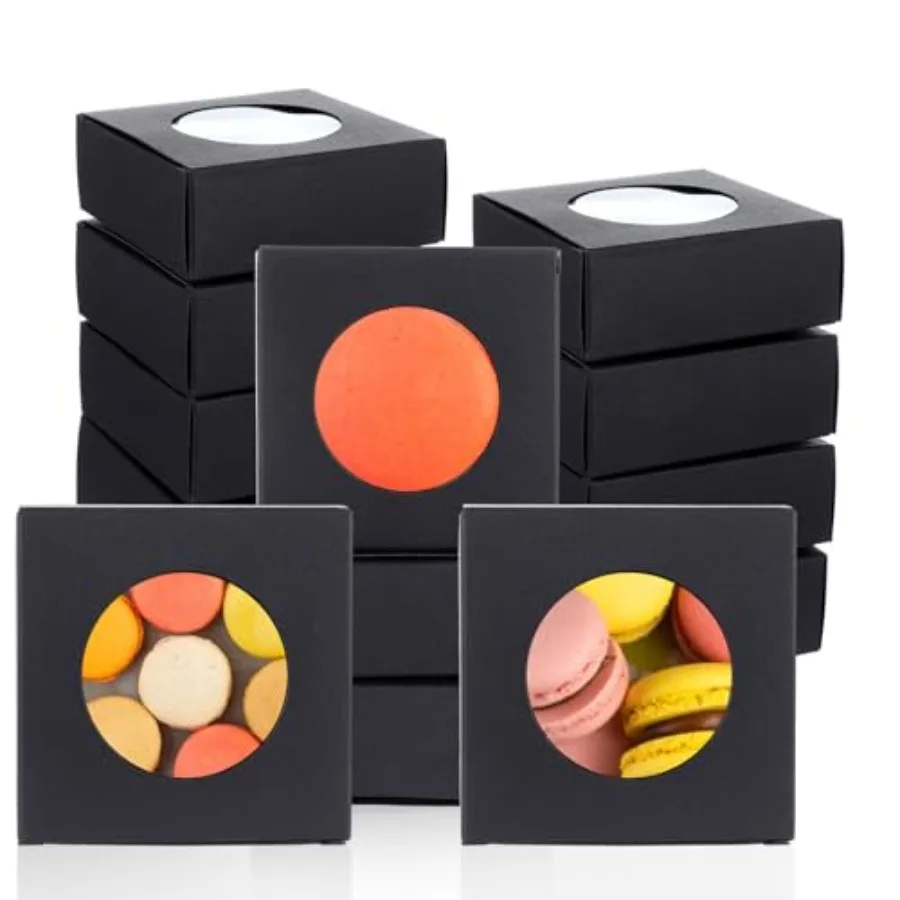 

150 Pcs Black Soap Boxes with Round Window - 3x3x1.2 Inch Gift Boxes for Candy, Cookies, Jewelry and Party Favors