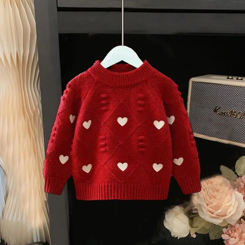 Maglione lavorato a maglia a cuore per ragazze primaverili e autunnali, moda invernale per bambini, top in lana per bambini carino e caldo, morbido e delicato sulla pelle