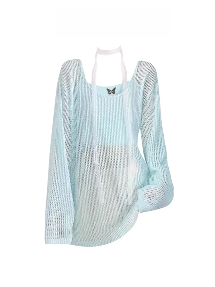 

Мятный вязаный комплект из двух предметов: топ-накидка с вырезами и легкие свободные брюки с длинными рукавами для женщин, весна-осень