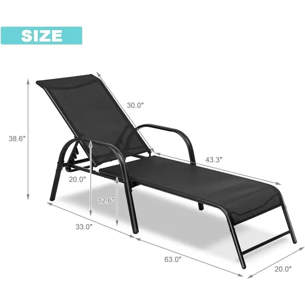 2-Piece Outdoor Patio Chaise Lounge Set, Adjustable Reclining Sling Chairs, 5-Position Backrest, Ideal for Poolside, Beach, or P