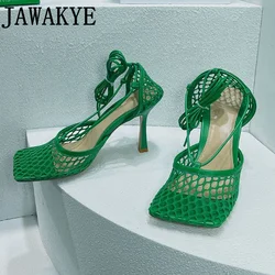 Runway Brand Air Mesh Sandals Women High Heel Sexy Ankle Strap Square Toe Female Mules High Quality Luxury Ladies Party Shoes