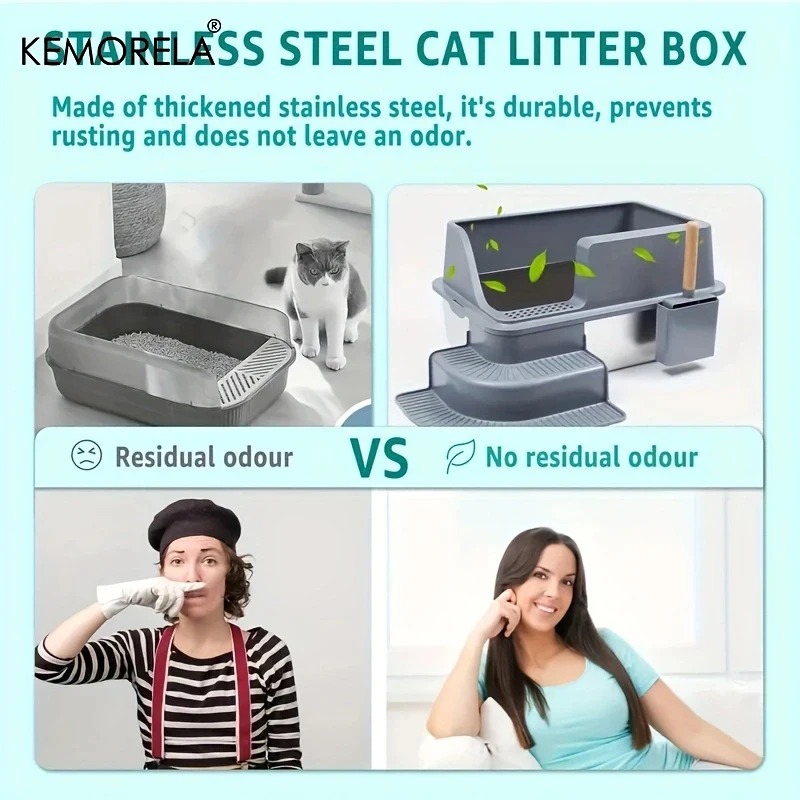 Extra Large 20L Stainless Steel Cat Litter Box With Stair Foot Pad Splash-Proof Easy To Clean Odorless Toilet Cat Litter Box view 5