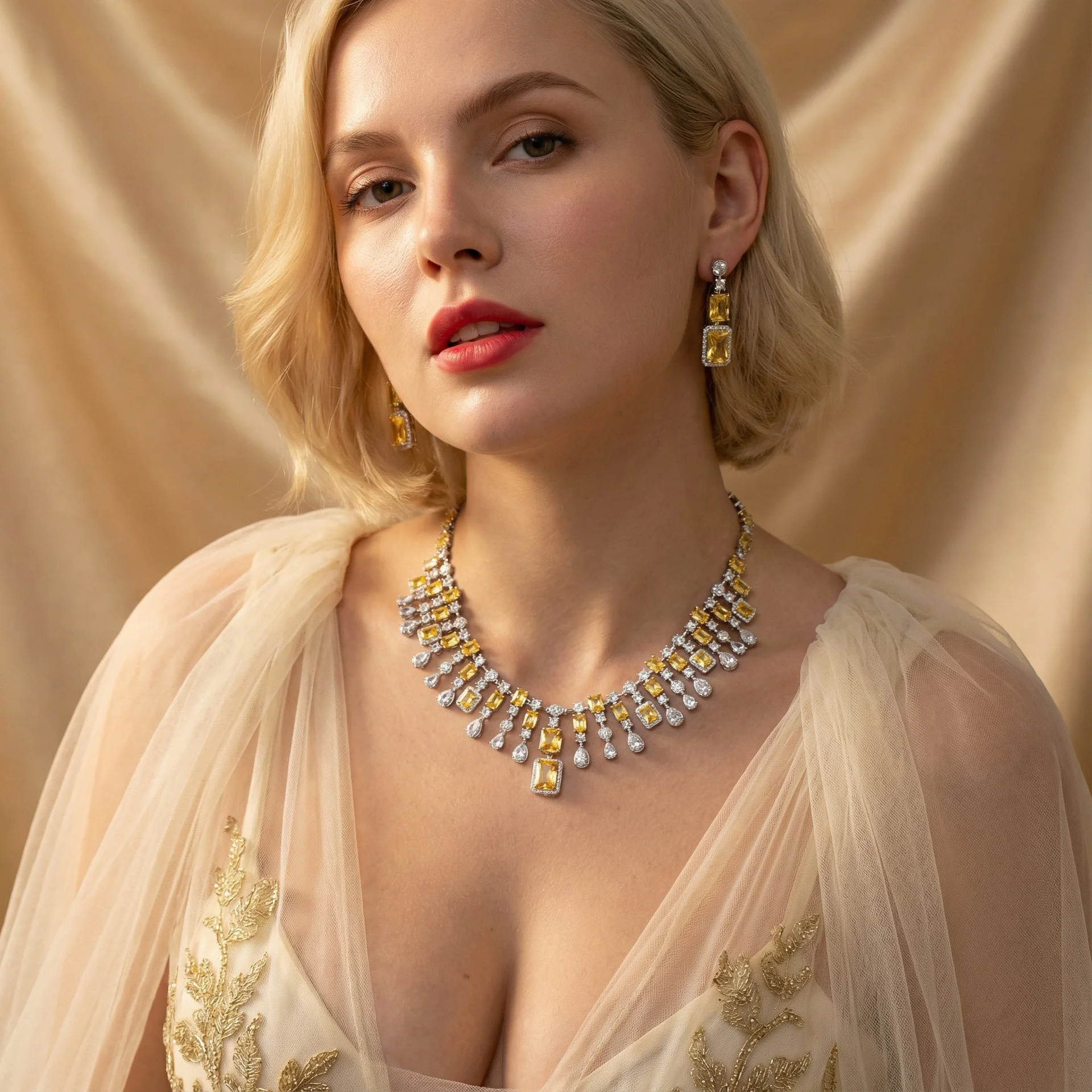 

European Hip Hop Luxury Water Drop Square Zircon Necklace Earrings Set Women Bridal Banquet Fashion Jewelry Accessories