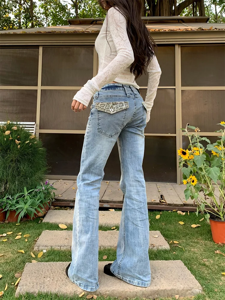 

plus Size Retro Leopard Print Patchwork Flared Denim Jeans Women's New Style Washed Slimming Sexy Bell Bottom Straight Leg Pants