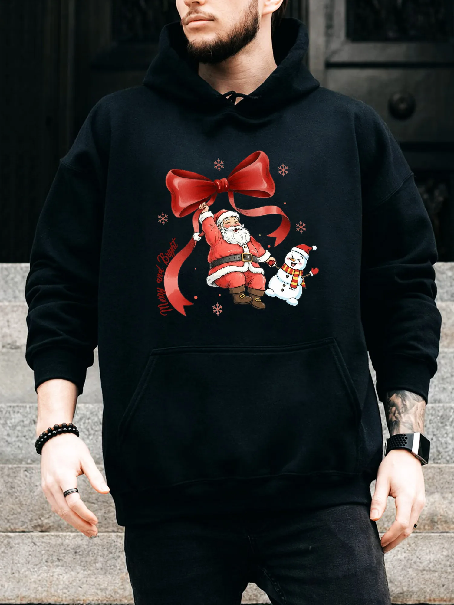 

Santa Christmas Bow Men's Drawstring Hoodie - Casual Comfortable Black Pullover, Fall & Winter Hooded Sweatshirt