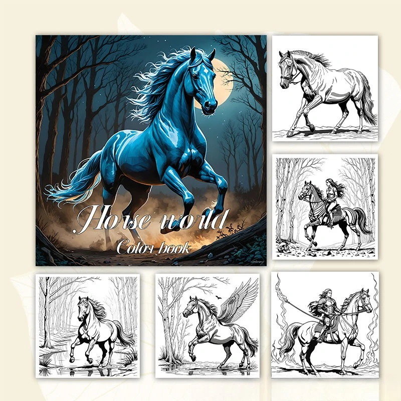 Horse World Coloring Book Majestic Midnight Horse Forest Animal Stress Relief Drawing Book